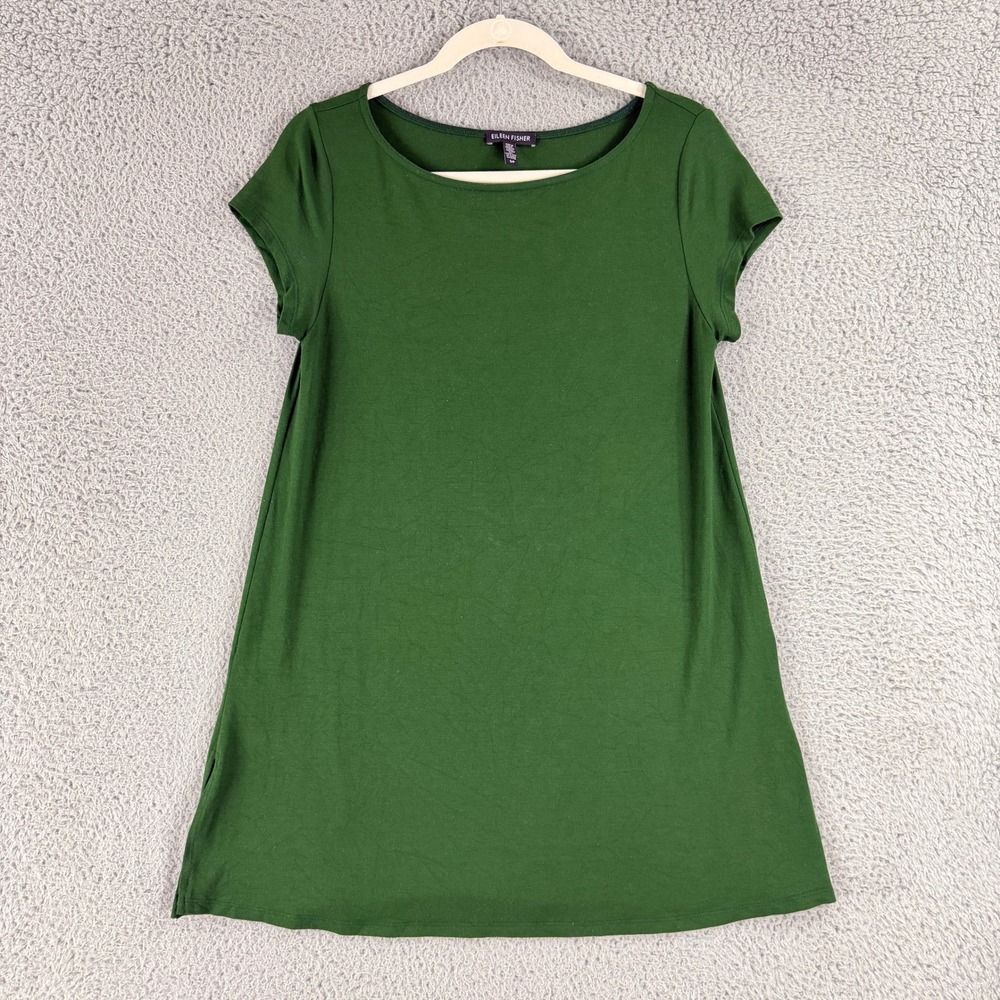 Eileen Fisher Tunic Top Womens S Green Viscose Stretch Short Sleeve Scoop Neck